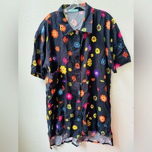 Batiche black colorful floral retro button down shirt tunic dress women’s M